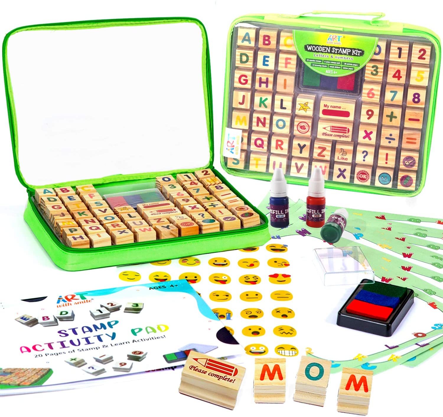 Wooden Stamp Set for Kids with Alphabet Stamps and Carry Case 72 Pcs –  Letters, Numbers, Emojis, 3-Color Washable Ink Pad, 3 refill bottles,  Activity Book, More – ABC 123 Stamps Excellent